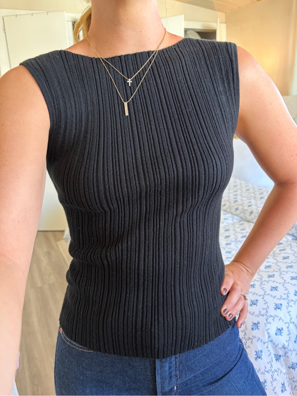 Quince Sleeveless Ribbed Knit Tank Top - Black